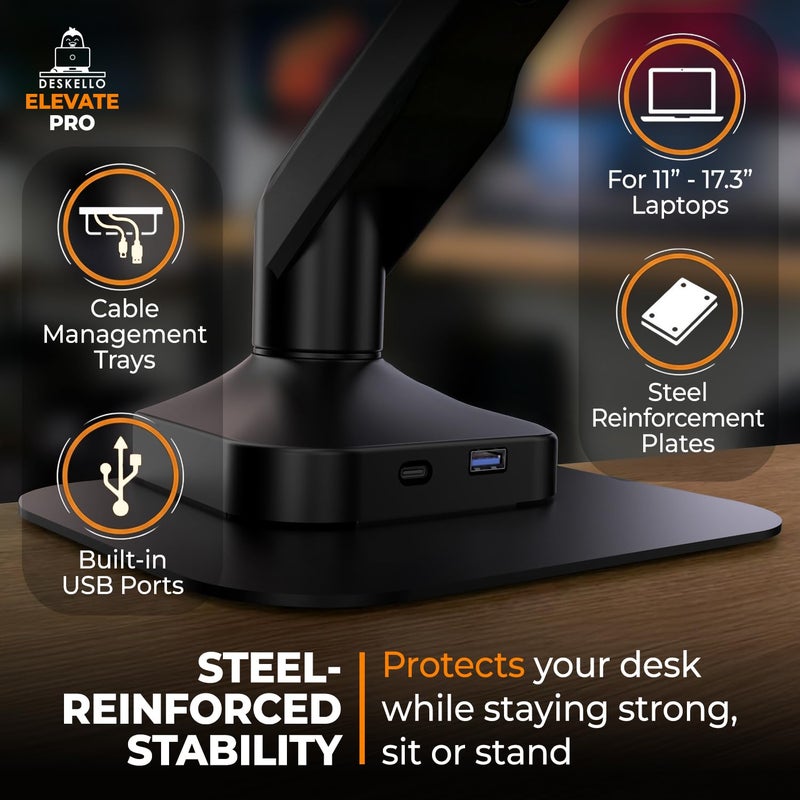 DESKELLO Elevate Pro - Heavy-Duty Standing Laptop Mount for Desk (11"-17.3" - max. 26lbs) Fully Adjustable Gas Spring Arm Stand - Clamp & Grommet Base - Steel Plates for Desk Protection & Stability - Image 5