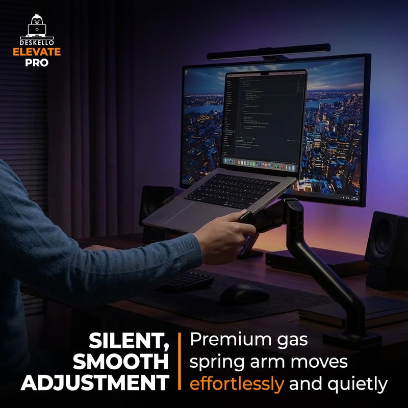 DESKELLO Elevate Pro - Heavy-Duty Standing Laptop Mount for Desk (11"-17.3" - max. 26lbs) Fully Adjustable Gas Spring Arm Stand - Clamp & Grommet Base - Steel Plates for Desk Protection & Stability - Image 4
