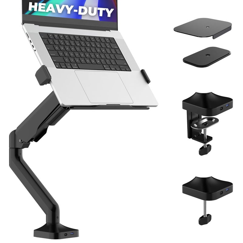 DESKELLO Elevate Pro - Heavy-Duty Standing Laptop Mount for Desk (11"-17.3" - max. 26lbs) Fully Adjustable Gas Spring Arm Stand - Clamp & Grommet Base - Steel Plates for Desk Protection & Stability - Image 1