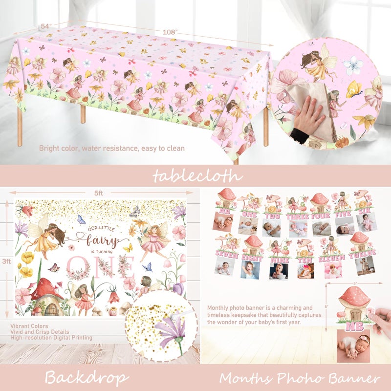 Fiesec Fairy First Birthday Decorations, Flower Enchanted Themed 1st Party Supplies Tableware Set, Our Little Fairy is Turning One Backdrop Balloon for Floral Forest Garden One Year Old Birthday Girl - Image 4