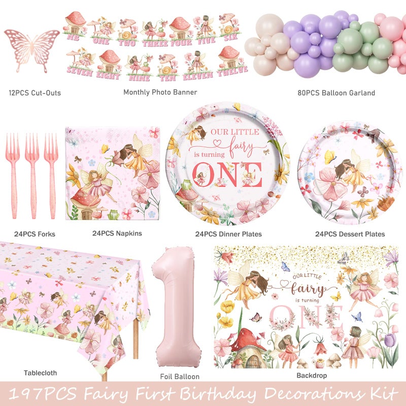 Fiesec Fairy First Birthday Decorations, Flower Enchanted Themed 1st Party Supplies Tableware Set, Our Little Fairy is Turning One Backdrop Balloon for Floral Forest Garden One Year Old Birthday Girl - Image 2