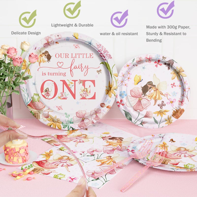 Fiesec Fairy First Birthday Decorations, Flower Enchanted Themed 1st Party Supplies Tableware Set, Our Little Fairy is Turning One Backdrop Balloon for Floral Forest Garden One Year Old Birthday Girl - Image 5