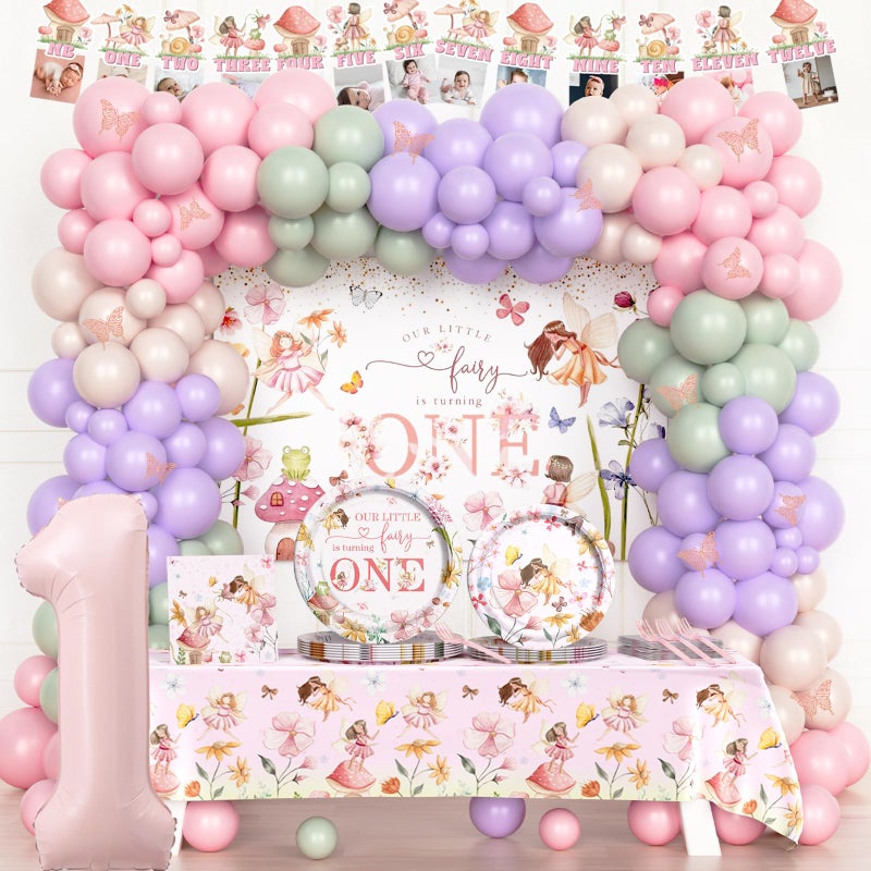 Fiesec Fairy First Birthday Decorations, Flower Enchanted Themed 1st Party Supplies Tableware Set, Our Little Fairy is Turning One Backdrop Balloon for Floral Forest Garden One Year Old Birthday Girl - Image 1