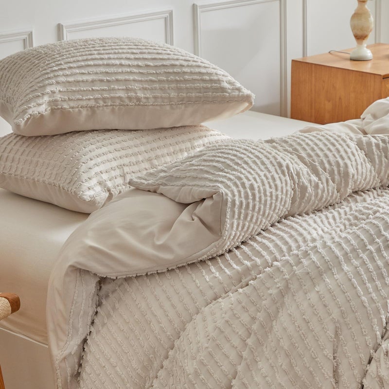 WARMDERN Boho Duvet Cover Set Queen Size,Khaki Striped Duvet Cover Microfiber Bedding Set,3PCS Ultra Soft Breathable Lightweight Tuft Texture Pattern Duvet Covers with Zipper Closure(Khaki,Queen) - Image 5