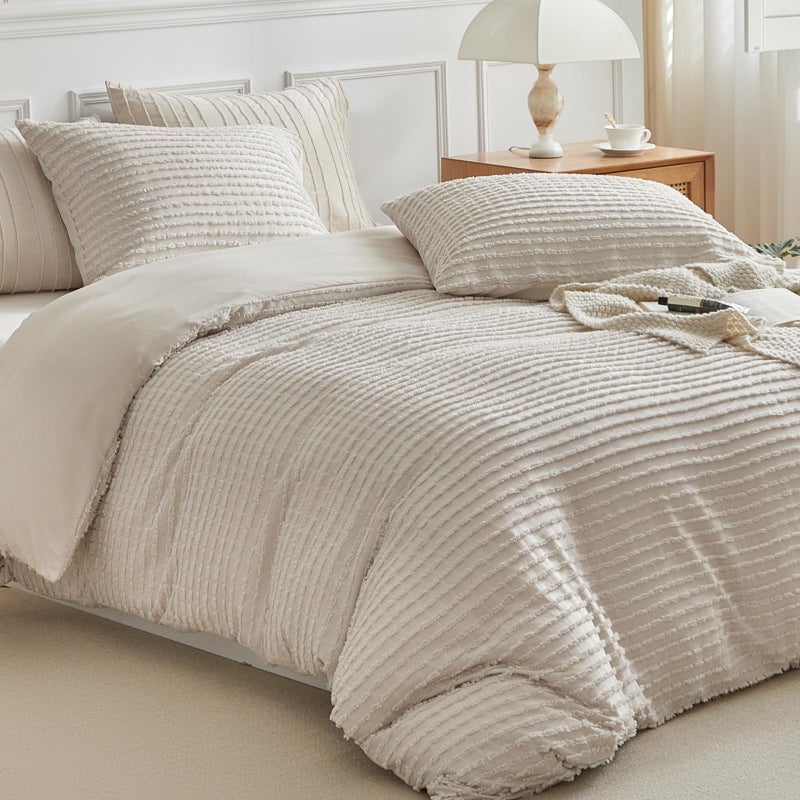 WARMDERN Boho Duvet Cover Set Queen Size,Khaki Striped Duvet Cover Microfiber Bedding Set,3PCS Ultra Soft Breathable Lightweight Tuft Texture Pattern Duvet Covers with Zipper Closure(Khaki,Queen) - Image 2
