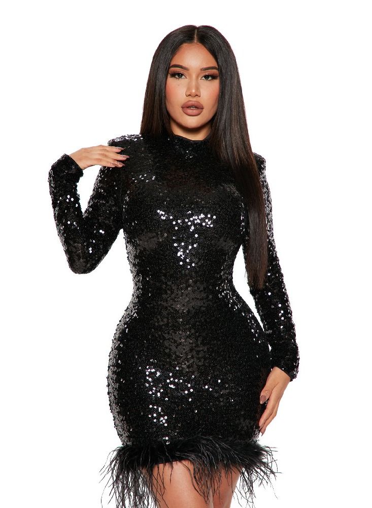 Loquat Women's Fashion New Bag Hip Skirt Round Neck Sequin Feather Long-sleeved Dress - Image 2