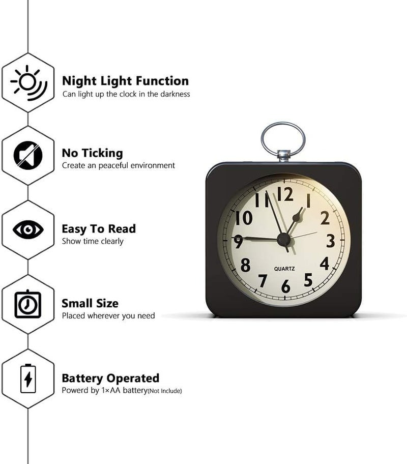 Kadio Battery Operated Alarm Clock with Square Metal CaseNo Ticking Analog Quartz Simple Operation for BedroomTravelDeskKids Black - Image 2