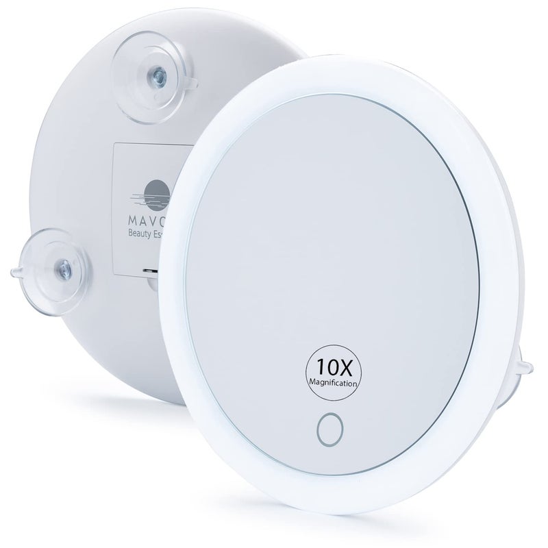 Mavoro مرآة مكبرة 10X مع ضوء LED و 3 أكواب شفط قوية مرآة مكياج مضاءة مدمجة تعمل ببطارية 4 AAA