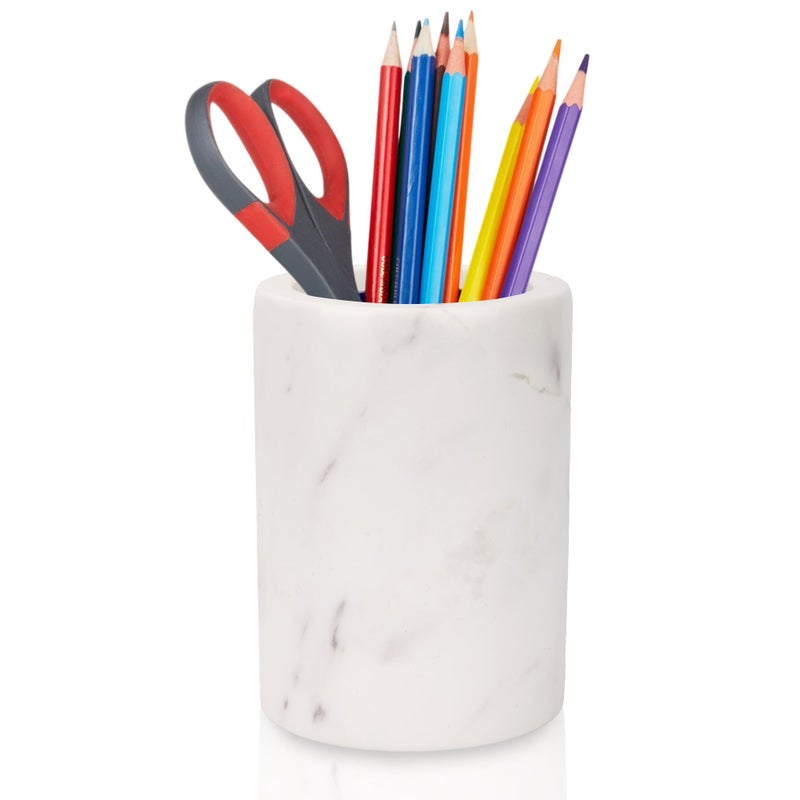 WORHE Natural Marble Pen Holder for Desk, Handcrafted Volakas Sturdy Desk Organizer for Office Supplies Storage Desktop Stationary Makeup Brushes Cup Pencil Holders for Home White (DL002) - Image 1