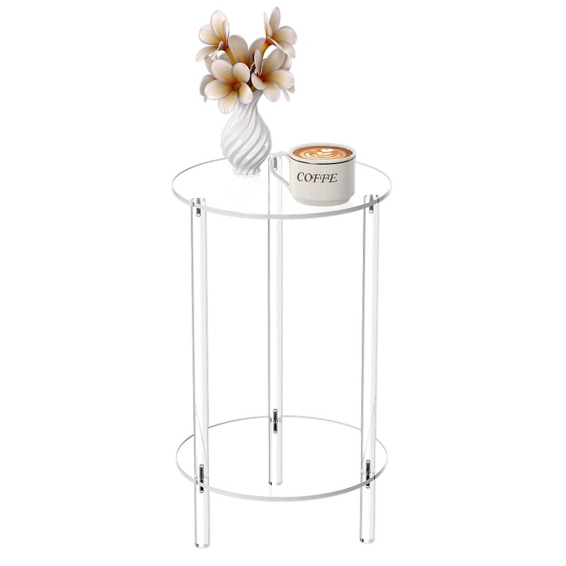 HMYHUM Acrylic Round Side Table for Small Spaces 118 L x 118 W x 202 H Small NightstandBedsideEnd Table for Living Room Bedroom 2Tier Clear