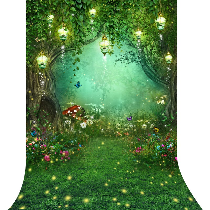 Riyidecor Fairy Wonderland Garden Backdrop Green Princess Birthday 5Wx7H Feet Enchanted Green Backdrop for Baby Shower Birthday Party Photo Studio Shoot Reusable Fabric - Image 1