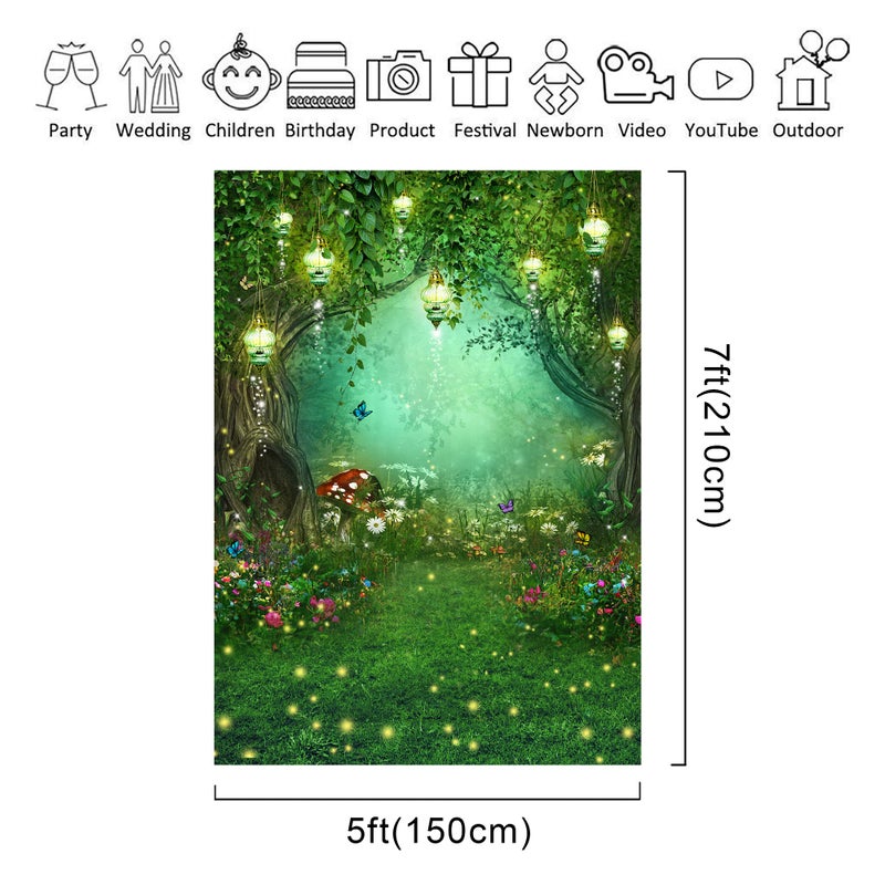 Riyidecor Fairy Wonderland Garden Backdrop Green Princess Birthday 5Wx7H Feet Enchanted Green Backdrop for Baby Shower Birthday Party Photo Studio Shoot Reusable Fabric - Image 4