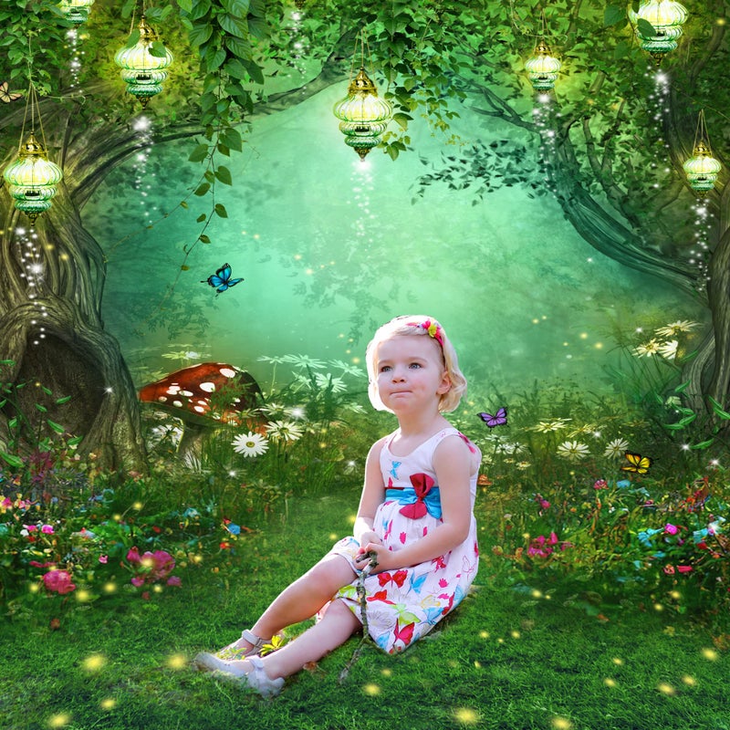 Riyidecor Fairy Wonderland Garden Backdrop Green Princess Birthday 5Wx7H Feet Enchanted Green Backdrop for Baby Shower Birthday Party Photo Studio Shoot Reusable Fabric - Image 2