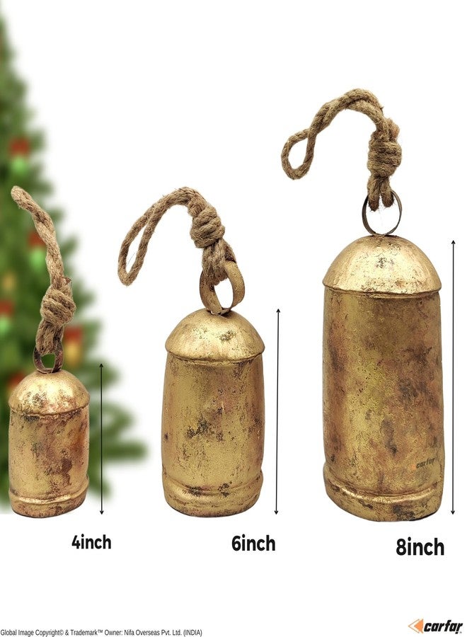 Carfar Handicrafts Vintage Rustic Metal Harmony Cow Bells Set of 3 Huge Rustic Christmas Handmade Bells On Jute Rope - Image 2