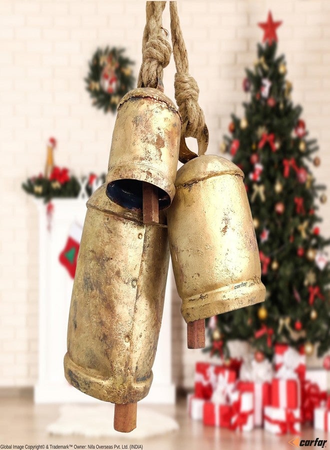 Carfar Handicrafts Vintage Rustic Metal Harmony Cow Bells Set of 3 Huge Rustic Christmas Handmade Bells On Jute Rope - Image 3