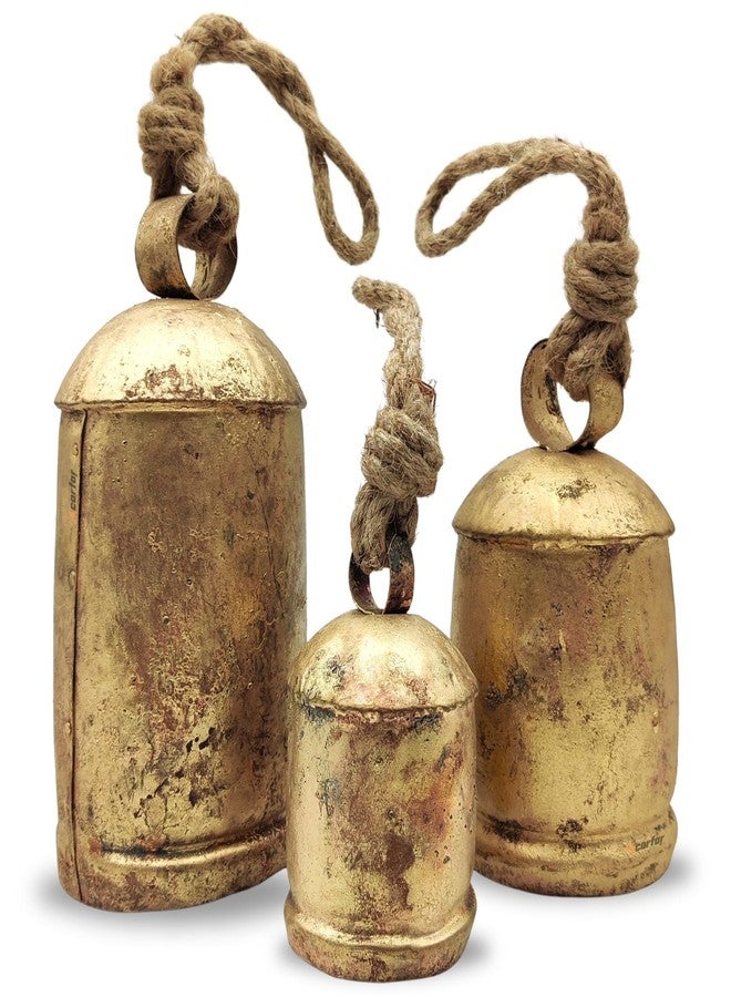 Carfar Handicrafts Vintage Rustic Metal Harmony Cow Bells Set of 3 Huge Rustic Christmas Handmade Bells On Jute Rope - Image 1
