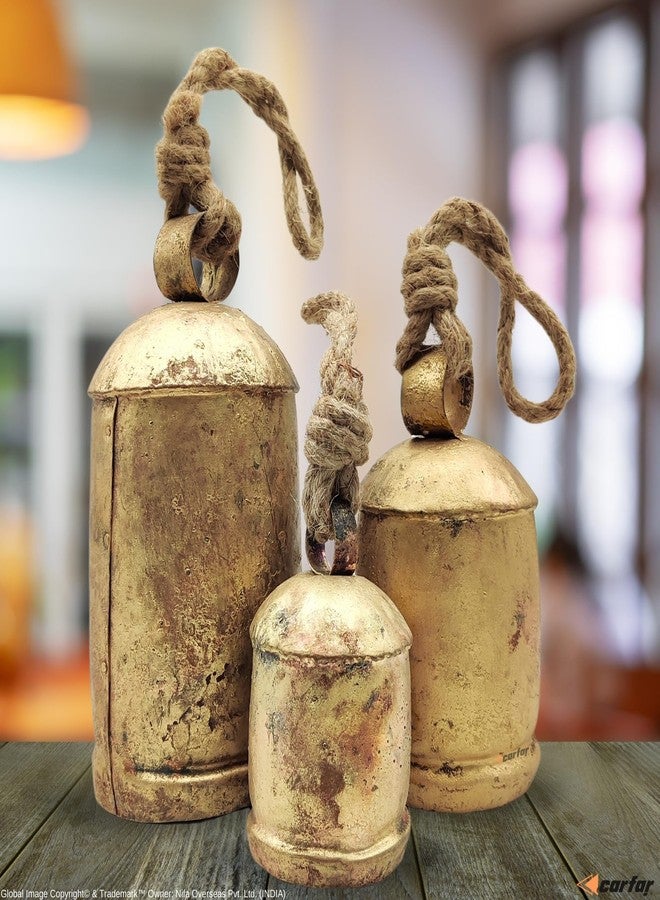 Carfar Handicrafts Vintage Rustic Metal Harmony Cow Bells Set of 3 Huge Rustic Christmas Handmade Bells On Jute Rope - Image 5