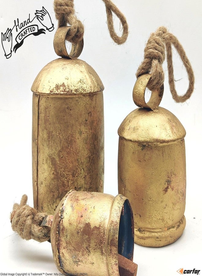 Carfar Handicrafts Vintage Rustic Metal Harmony Cow Bells Set of 3 Huge Rustic Christmas Handmade Bells On Jute Rope - Image 4