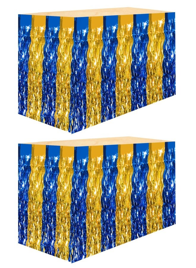 Avxdbr 2 Pack Blue Gold Wave Metallic Tinsel Foil Fringe Table Skirt for Graduation Congrats 2026 Party Retirement Prom Birthday Wedding Rectangle and Round Table Decorations (Blue and Gold) - Image 1