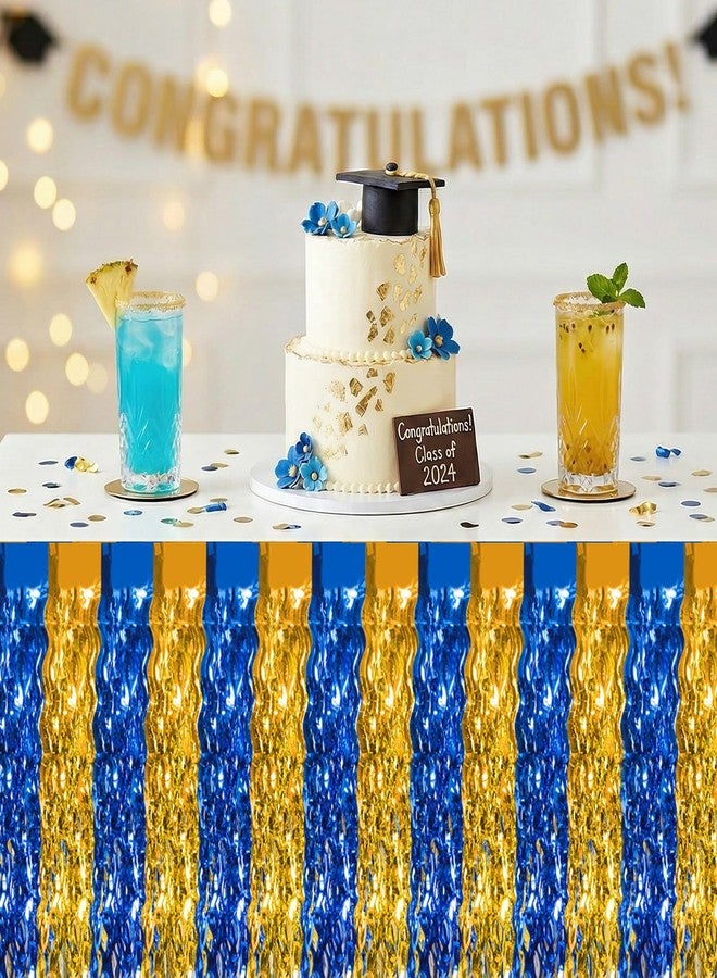 Avxdbr 2 Pack Blue Gold Wave Metallic Tinsel Foil Fringe Table Skirt for Graduation Congrats 2026 Party Retirement Prom Birthday Wedding Rectangle and Round Table Decorations (Blue and Gold) - Image 3