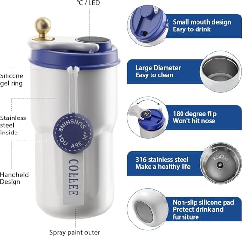 Wosta Smart Insulated Coffee Travel Mug with Touch Screen Digital Temperature Display Travel Flasks, 420 Ml, 304 Stainless Steel Reusable - Leak Proof, Thermal Mug (Blue) - Image 4
