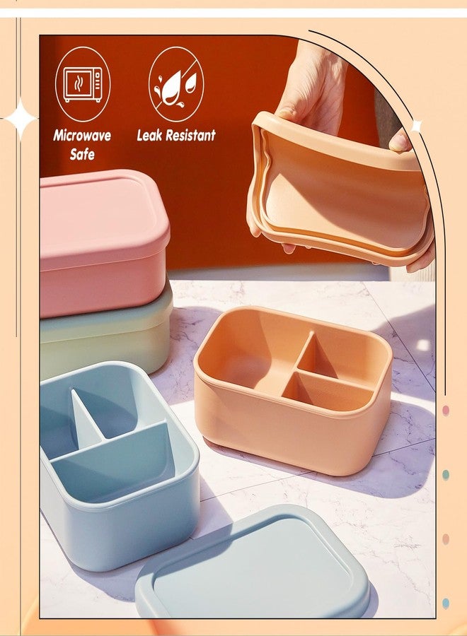 Layhit 4 Pcs Silicone Bento Box Reusable 3 Compartment Silicone Bento Lunch Container for Adults Microwave Dishwasher Freezer Safe(Multi Color) - Image 3