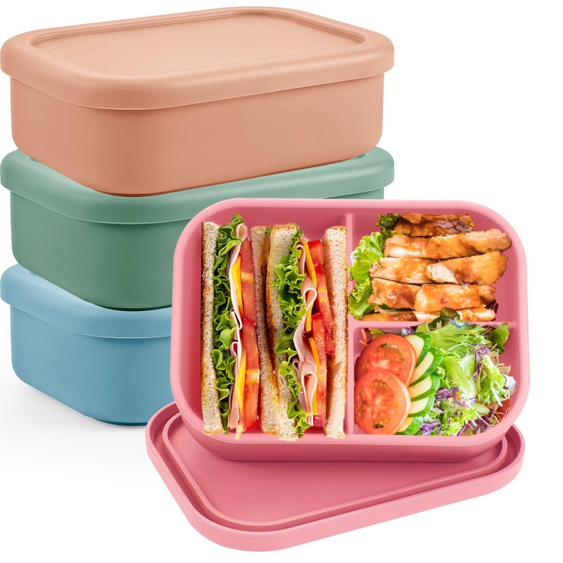 Layhit 4 Pcs Silicone Bento Box Reusable 3 Compartment Silicone Bento Lunch Container for Adults Microwave Dishwasher Freezer Safe(Multi Color) - Image 1