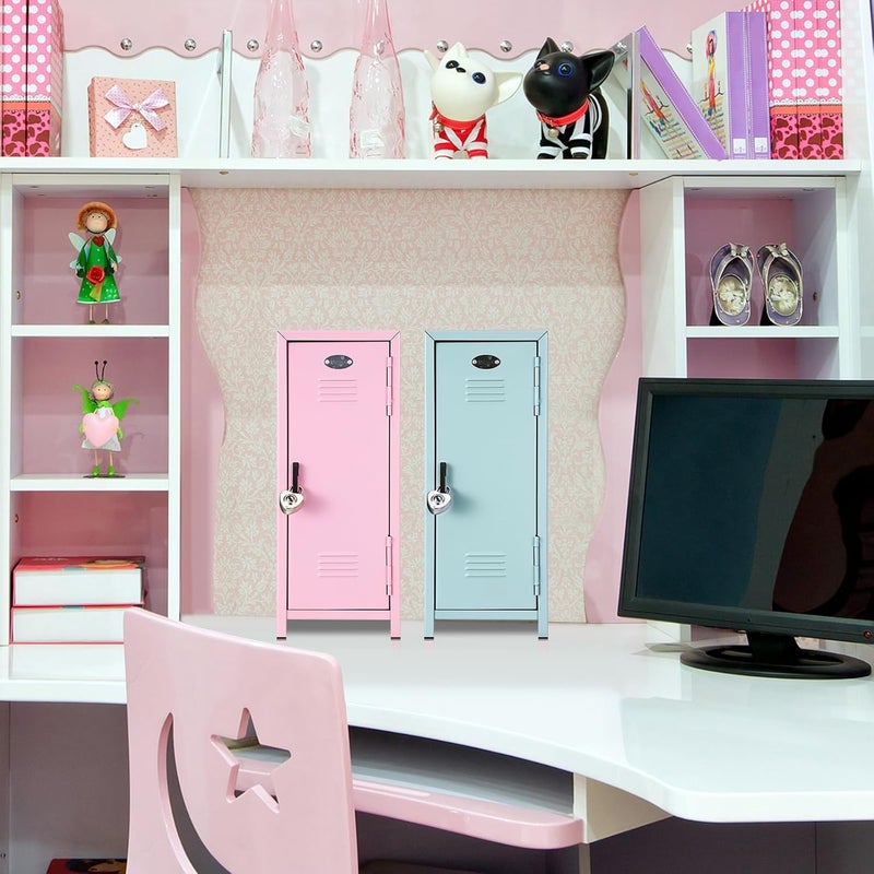 Vercraft 2 Pcs Mini Metal Locker Storage with Lock and 2 Keys 10.8 Inch Small Money Security and Cash Safe Box for Jewelry Back to School Home Office Desktop Container(Pink Teal) - Image 2