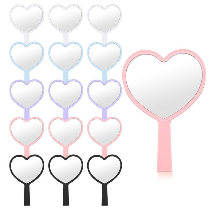 15 PCS HEART SHAPED HANDHELD MIRROR SMALL TRAVEL MAKEUP MIRRORS WITH HANDLE MINI HEART BULK PLASTIC COSMETIC GIFT FOR WOMEN BRIGHT COLOR