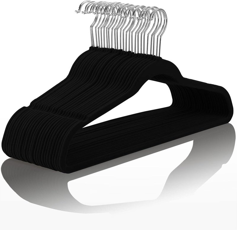 MIZGI Premium Velvet Hangers (Pack of 50) Heavy-duty - Non Slip - Velvet Suit Hangers Black - Chrome Hooks, Space Saving Clothes Hangers, One Size - Image 1