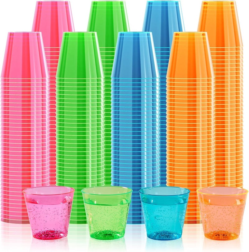 FOCUSLINE 300Pack 1 Oz Plastic Shot Glasses Set, Neon Party Mini Shot Glasses Bulk, Durable and Reusable, Small Disposable Plastic Cups for Vodka, Whiskey, and More - Image 1