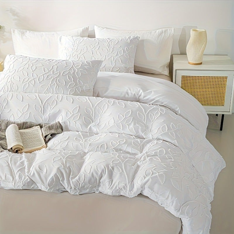 3pcs Solid Color Leaf Pattern Duvet Cover Set, Excluding Filling and Pillow Insert - Image 1