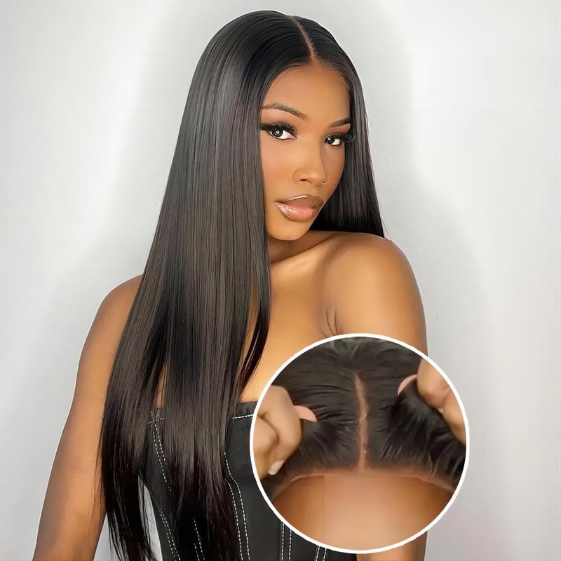 ISEE Wear Go Glueless Wigs Human Hair Pre Plucked Pre Cut Straight Transparent HD Lace Glueless Wig Pre Bleached Tiny Knots Human Hair Wig for Black Women 180 24 Inch