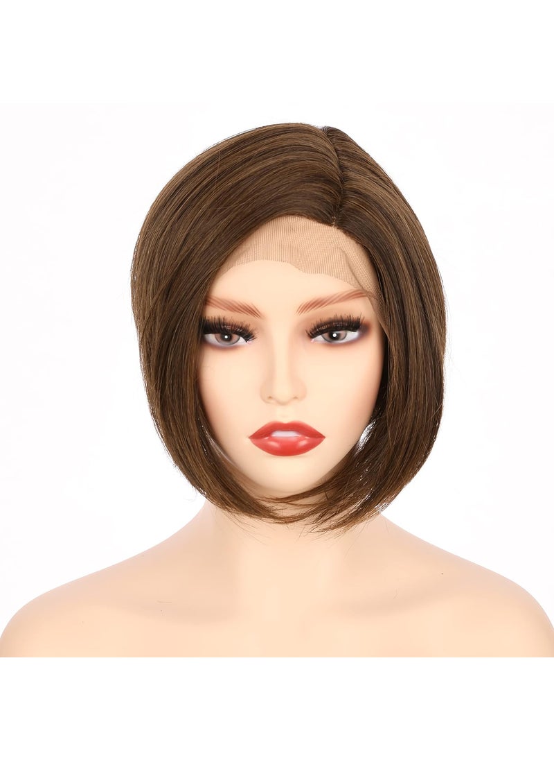 OneDor Onedor 8 Inch Angled Layers Lace Front Wig Relaxed Straight Bob Wig (Medium Brown Evenly Blended with Warm Medium Brown-RL6/8) 