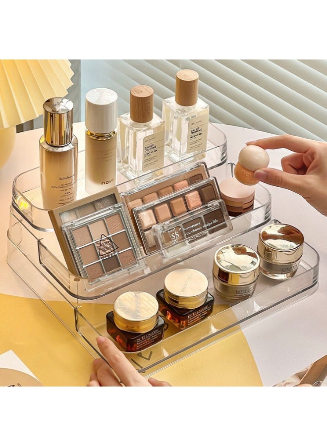 نهر قو قطعة واحدة من حامل عرض أكريليك شفاف، منظم عطور ومستحضرات تجميل، رف بثلاثة أدوار، حامل لوشن ومستحضرات العناية بالبشرة، حافظة توابل، رف شفاف متين لتخزين أسطح المطبخ والحمام. - Image 1