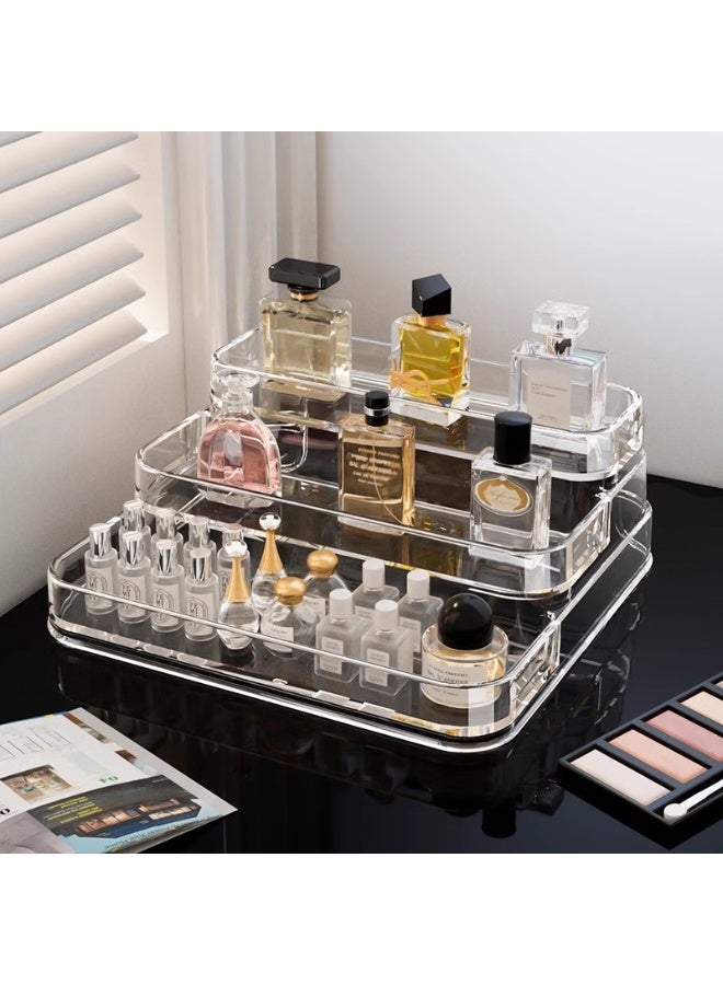 نهر قو قطعة واحدة من حامل عرض أكريليك شفاف، منظم عطور ومستحضرات تجميل، رف بثلاثة أدوار، حامل لوشن ومستحضرات العناية بالبشرة، حافظة توابل، رف شفاف متين لتخزين أسطح المطبخ والحمام. - Image 5