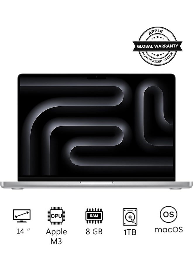 Macbook Pro MR7K3 | 14 Inch Display | Apple M3 Chip | 8-Core CPU and 10-Core GPU | 8GB RAM | 1TB SSD | macOS | English Keyboard | International Version | Silver