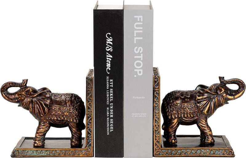 Elephant Book Ends for Shelves Bookends Decorative Unique to Hold Books Heavy Duty Vintage Bookshelf Decor for Farmhouse Desk Room Kitchen Coffee Table Decor