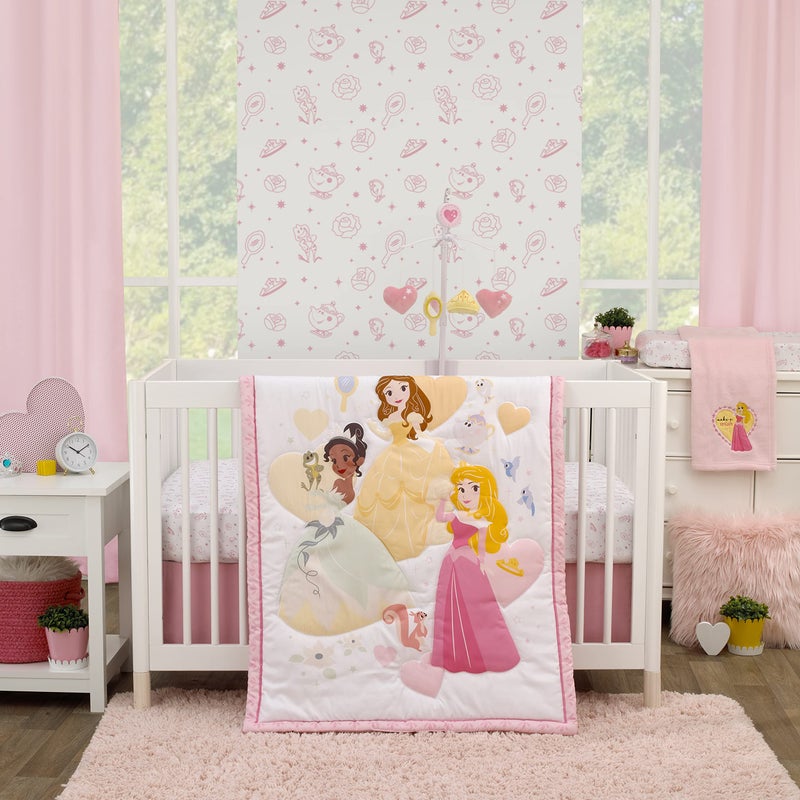 NoJo Disney Make A Wish Multi Princess Pink and White Belle Tiana and Aurora 3 Piece Nursery Crib Bedding Set Comforter Fitted Crib Sheet and Crib Skirt 