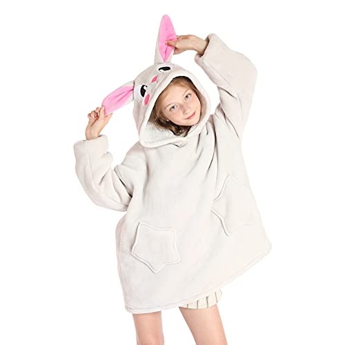 DESERT HOME Deserthome Wearable Blanket Hoodie for Kids 6-12YR Oversized Animal Hooded Blanket Super Soft Comfortable Warm Flannel Grey Rabbit - Image 5