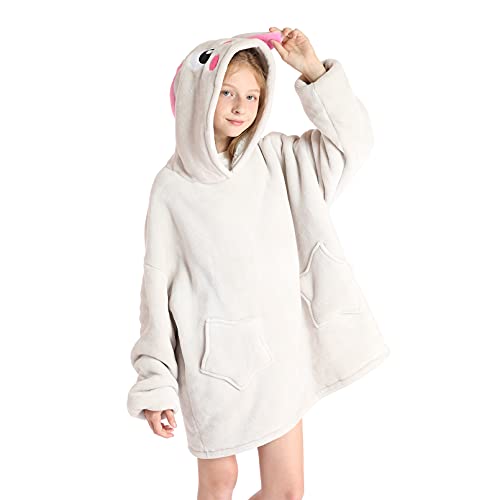 DESERT HOME Deserthome Wearable Blanket Hoodie for Kids 6-12YR Oversized Animal Hooded Blanket Super Soft Comfortable Warm Flannel Grey Rabbit - Image 3