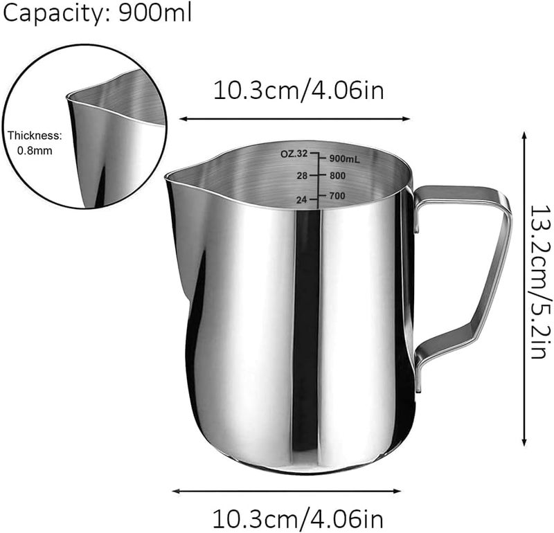 FirstTry Milk Frothing Pitcher I Stainless Steel Frother Cup with Measurement Scale I Steaming Pitcher Coffee Milk Jug for Cappuccino Latte Art Espresso Machines Accessories Silver 900ml - Image 2