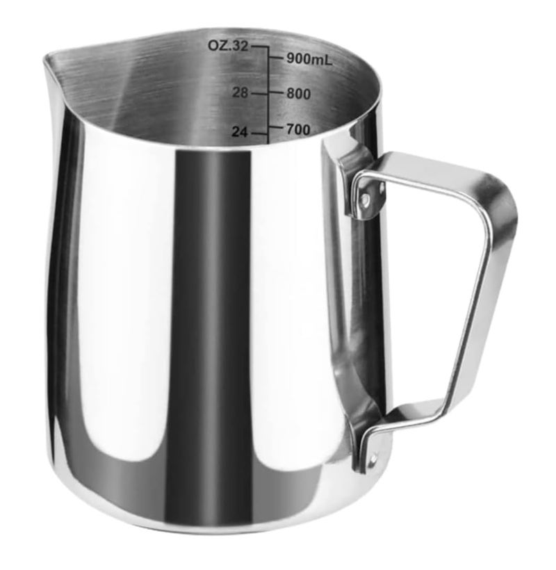 FirstTry Milk Frothing Pitcher I Stainless Steel Frother Cup with Measurement Scale I Steaming Pitcher Coffee Milk Jug for Cappuccino Latte Art Espresso Machines Accessories Silver 900ml - Image 1