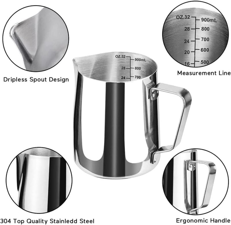 FirstTry Milk Frothing Pitcher I Stainless Steel Frother Cup with Measurement Scale I Steaming Pitcher Coffee Milk Jug for Cappuccino Latte Art Espresso Machines Accessories Silver 900ml - Image 3