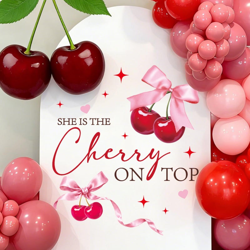 Aposwow Shes Cherry on The Top Decorations - Cherry Theme Baby Shower Decal, Sweet Bow Wall Sticker for Balloon Arch Backdrop Decor, Cherries Theme Bridal Shower Birthday Party Decorations - Image 1