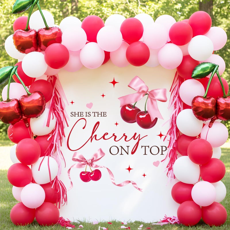 Aposwow Shes Cherry on The Top Decorations - Cherry Theme Baby Shower Decal, Sweet Bow Wall Sticker for Balloon Arch Backdrop Decor, Cherries Theme Bridal Shower Birthday Party Decorations - Image 5