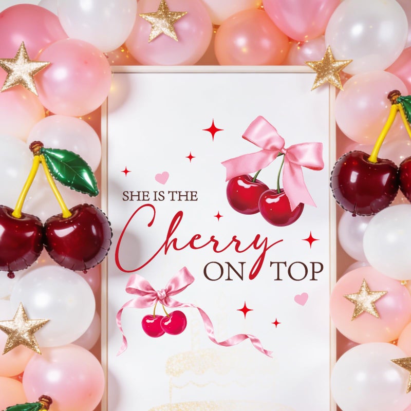 Aposwow Shes Cherry on The Top Decorations - Cherry Theme Baby Shower Decal, Sweet Bow Wall Sticker for Balloon Arch Backdrop Decor, Cherries Theme Bridal Shower Birthday Party Decorations - Image 3