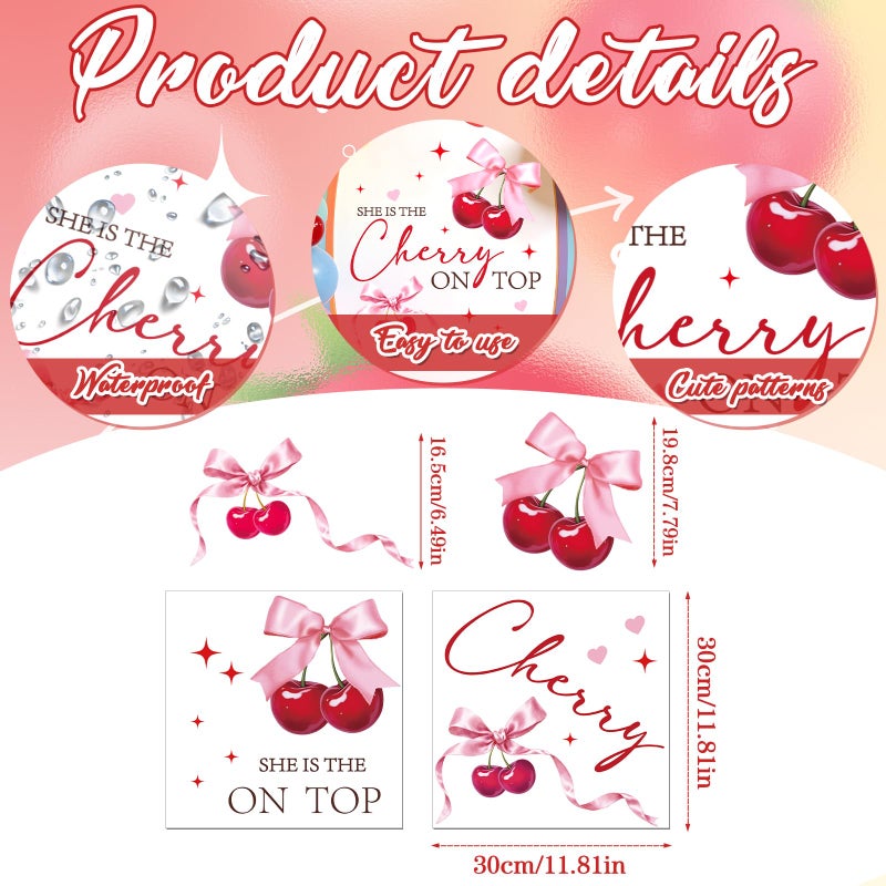 Aposwow Shes Cherry on The Top Decorations - Cherry Theme Baby Shower Decal, Sweet Bow Wall Sticker for Balloon Arch Backdrop Decor, Cherries Theme Bridal Shower Birthday Party Decorations - Image 2