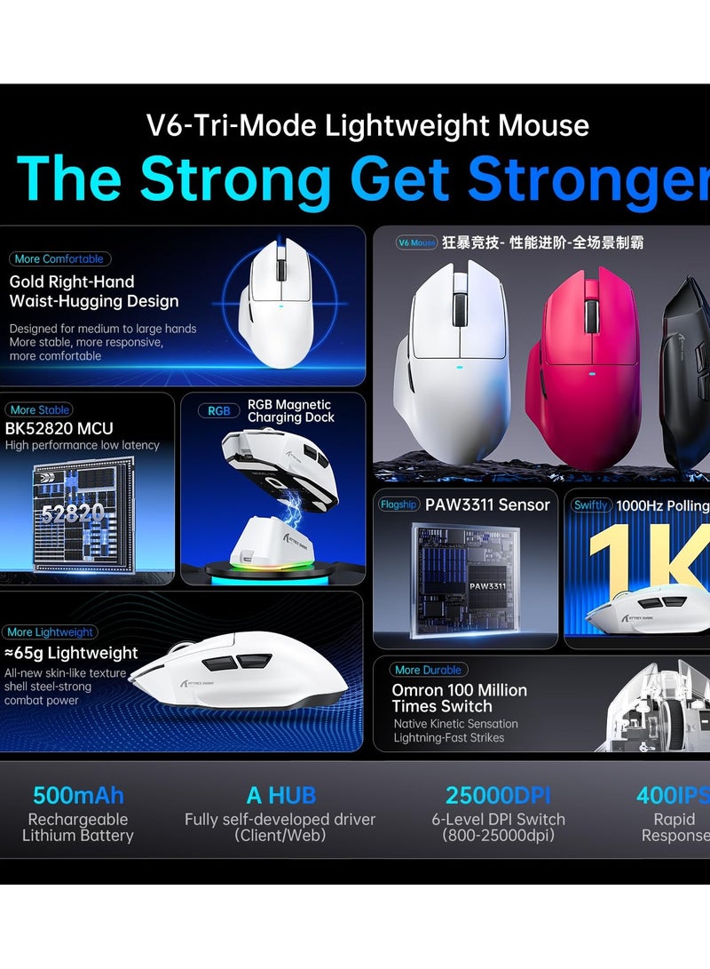 Attack Shark V6 65g Superlight Wireless Gaming Mouse with RGB Magnetic Charging Dock,BT/2.4GHz Wireless/Wired Mouse 1K Polling,PixArt PAW3311 Sensor,25000DPI,Office Gamer Mice for PC/Win/Mac(White) - Image 4