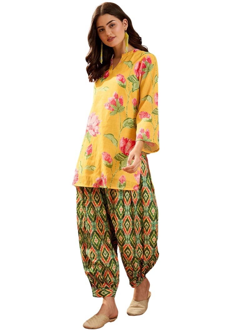 EthnicJunction Women's Linen Floral Print Summer Wear Straight Short Kurti with Afghani Pant Set | Kurta Pant Set | Office wear Kurta Set | Vacation wear Kurta Set Yellow - Image 1